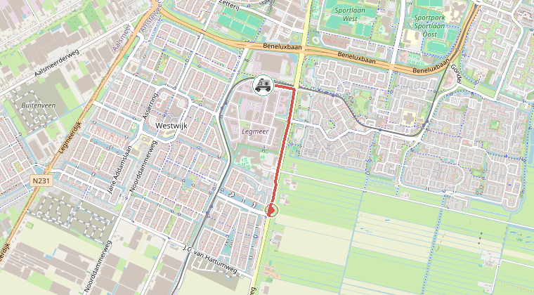 Kaart van de omgeving van de melding, met de kazerne die is gealarmeerd
