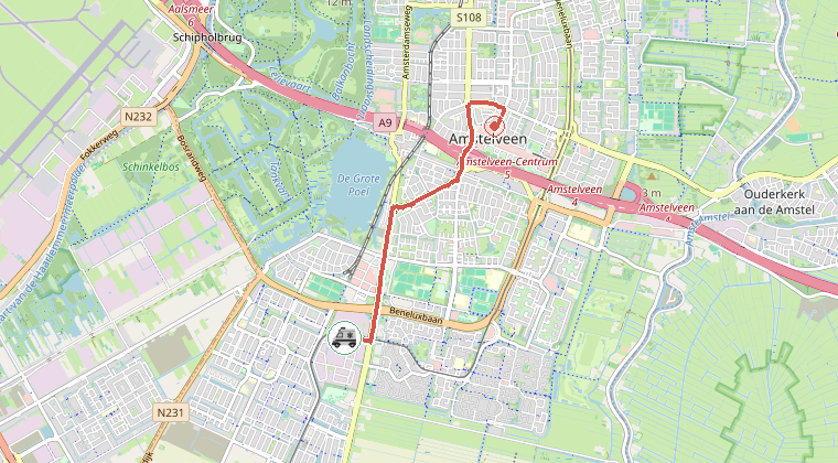 Kaart van de omgeving van de melding, met de kazerne die is gealarmeerd