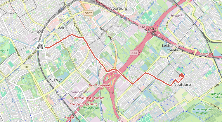 Kaart van de omgeving van de melding, met de kazerne die is gealarmeerd