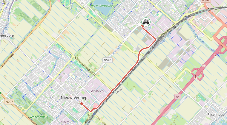 Kaart van de omgeving van de melding, met de kazerne die is gealarmeerd