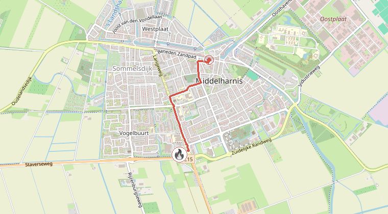 Kaart van de omgeving van de melding, met de kazerne die is gealarmeerd