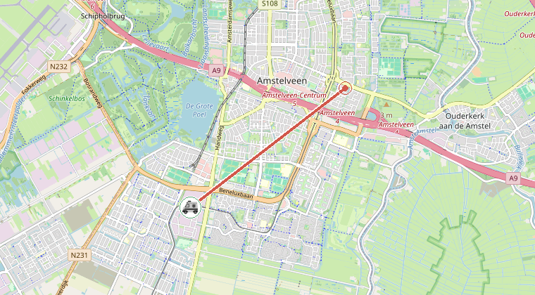 Kaart van de omgeving van de melding, met de kazerne die is gealarmeerd