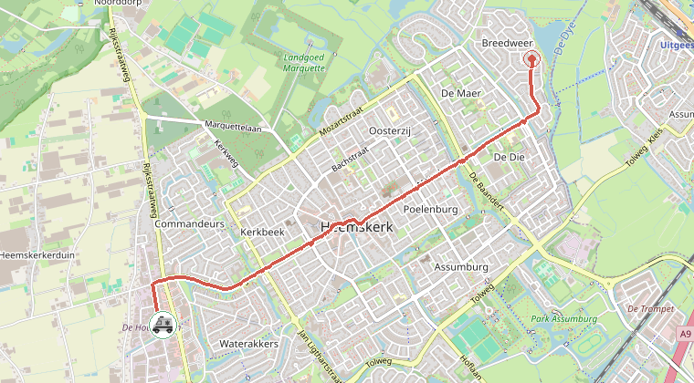 Kaart van de omgeving van de melding, met de kazerne die is gealarmeerd