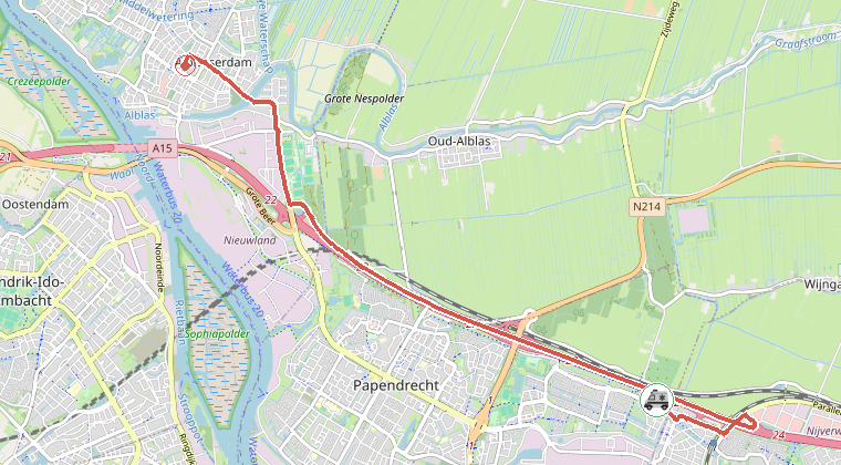 Kaart van de omgeving van de melding, met de kazerne die is gealarmeerd