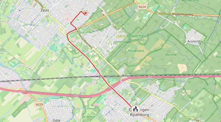 Kaart van de omgeving van de melding, met de kazerne die is gealarmeerd