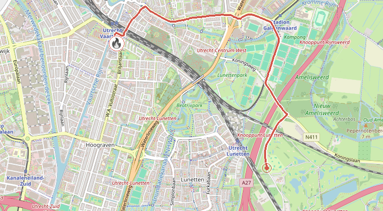 Kaart van de omgeving van de melding, met de kazerne die is gealarmeerd