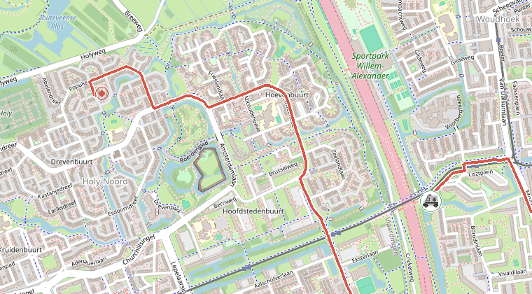 Kaart van de omgeving van de melding, met de kazerne die is gealarmeerd
