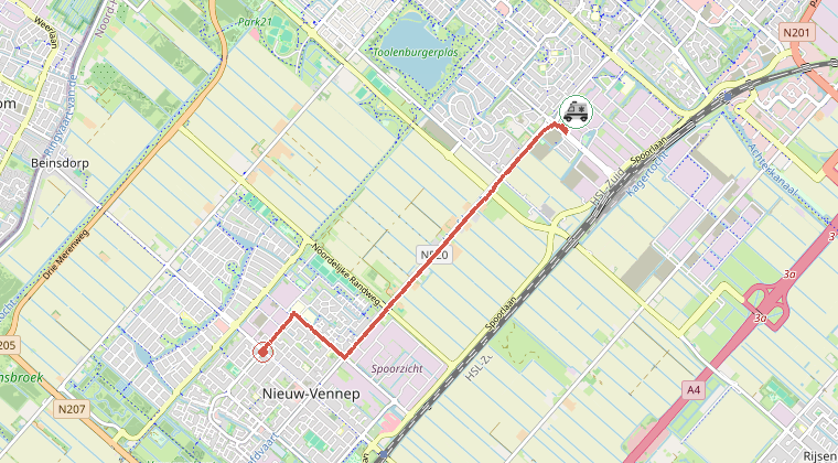 Kaart van de omgeving van de melding, met de kazerne die is gealarmeerd