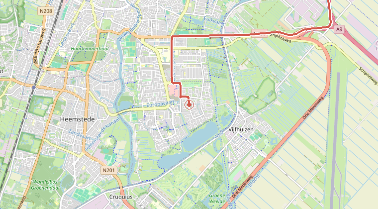 Kaart van de omgeving van de melding, met de kazerne die is gealarmeerd