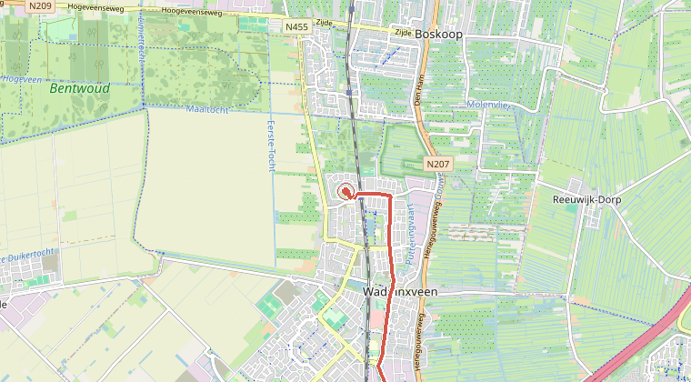 Kaart van de omgeving van de melding, met de kazerne die is gealarmeerd