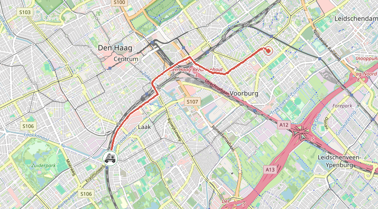Kaart van de omgeving van de melding, met de kazerne die is gealarmeerd