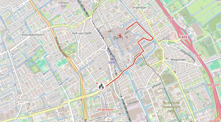 Kaart van de omgeving van de melding, met de kazerne die is gealarmeerd