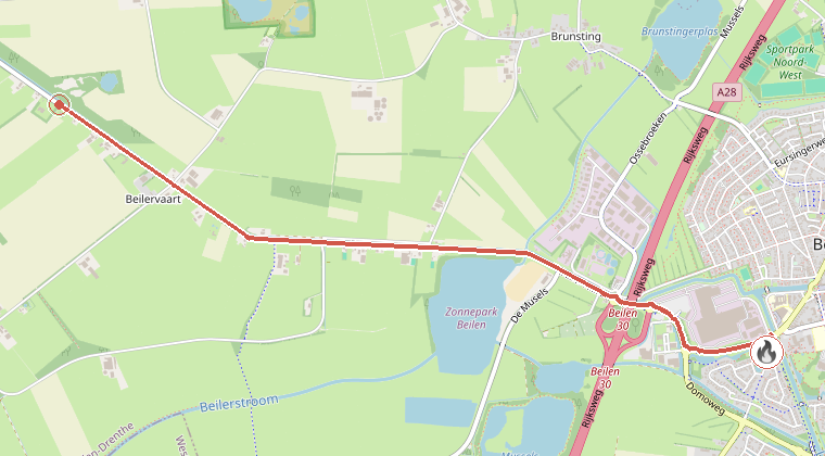 Kaart van de omgeving van de melding, met de kazerne die is gealarmeerd