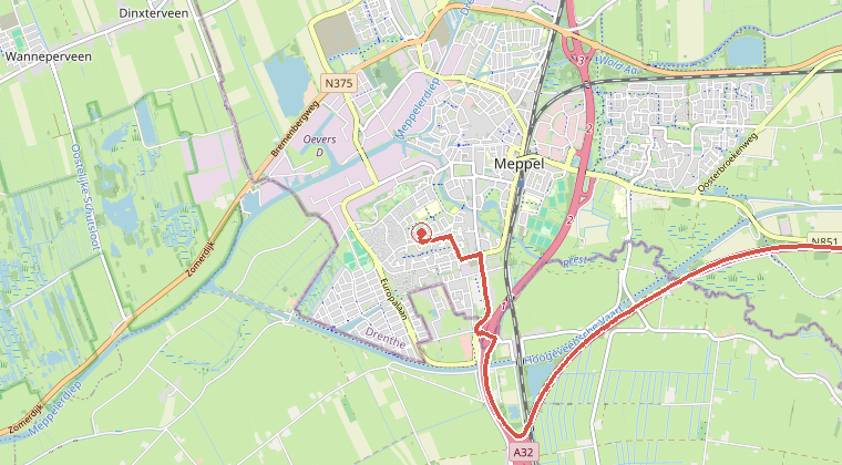 Kaart van de omgeving van de melding, met de kazerne die is gealarmeerd