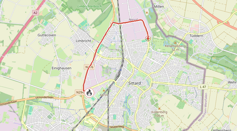 Kaart van de omgeving van de melding, met de kazerne die is gealarmeerd