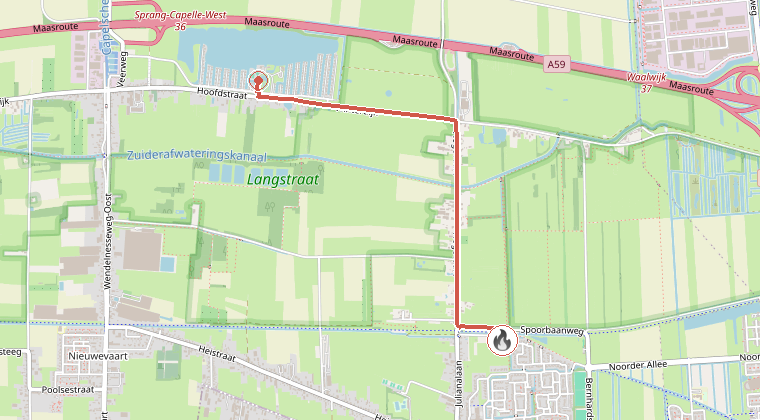 Kaart van de omgeving van de melding, met de kazerne die is gealarmeerd