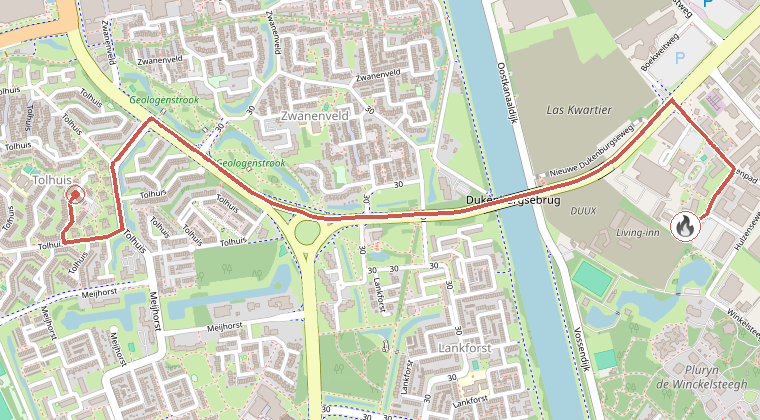 Kaart van de omgeving van de melding, met de kazerne die is gealarmeerd