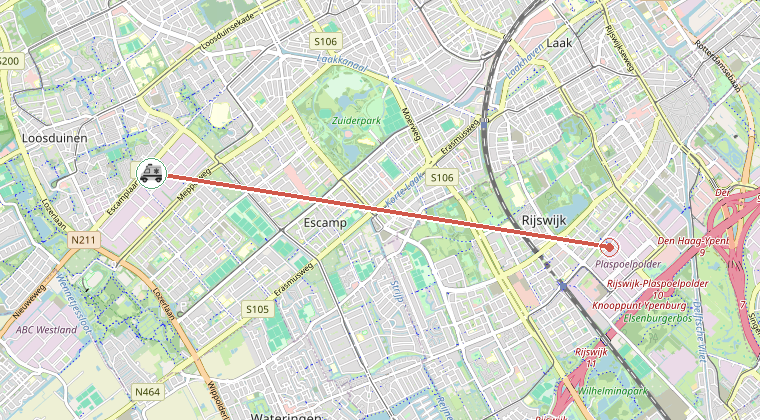 Kaart van de omgeving van de melding, met de kazerne die is gealarmeerd