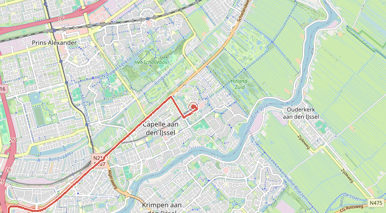 Kaart van de omgeving van de melding, met de kazerne die is gealarmeerd