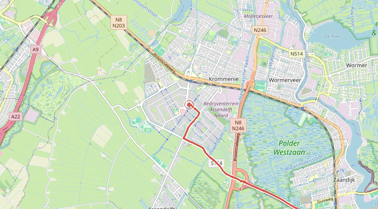 Kaart van de omgeving van de melding, met de kazerne die is gealarmeerd