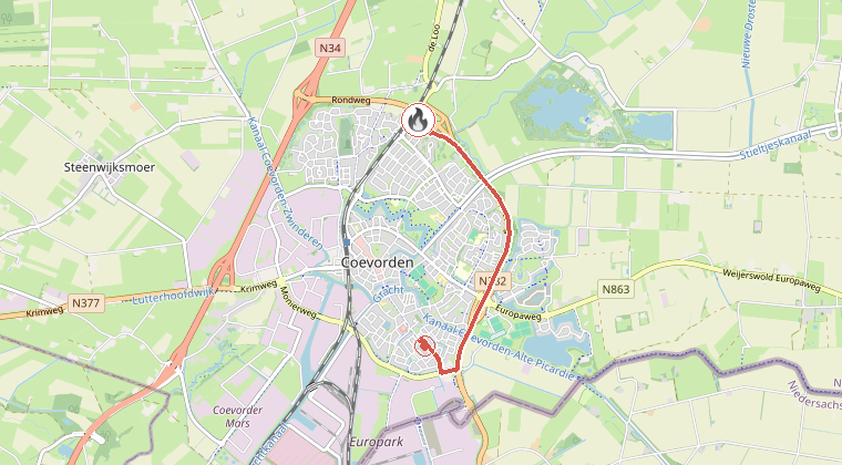 Kaart van de omgeving van de melding, met de kazerne die is gealarmeerd
