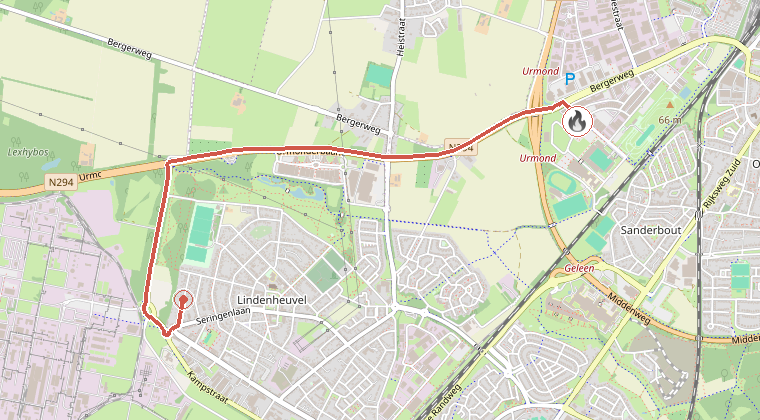 Kaart van de omgeving van de melding, met de kazerne die is gealarmeerd