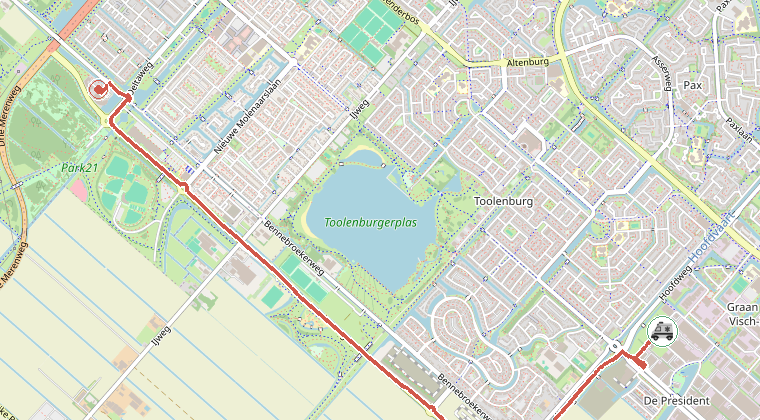Kaart van de omgeving van de melding, met de kazerne die is gealarmeerd