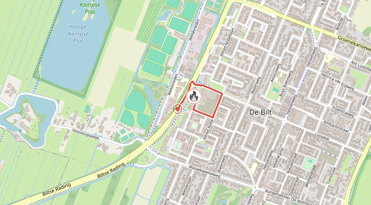Kaart van de omgeving van de melding, met de kazerne die is gealarmeerd