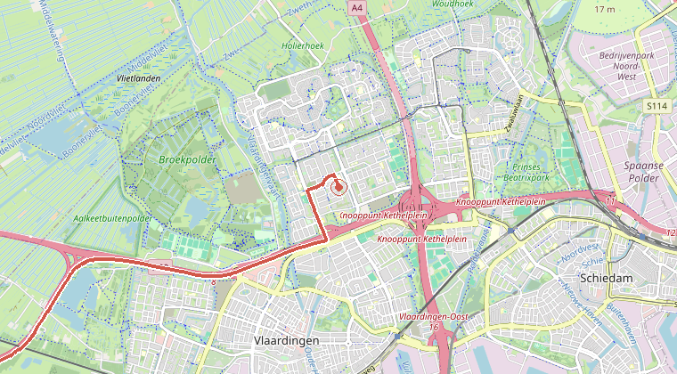 Kaart van de omgeving van de melding, met de kazerne die is gealarmeerd