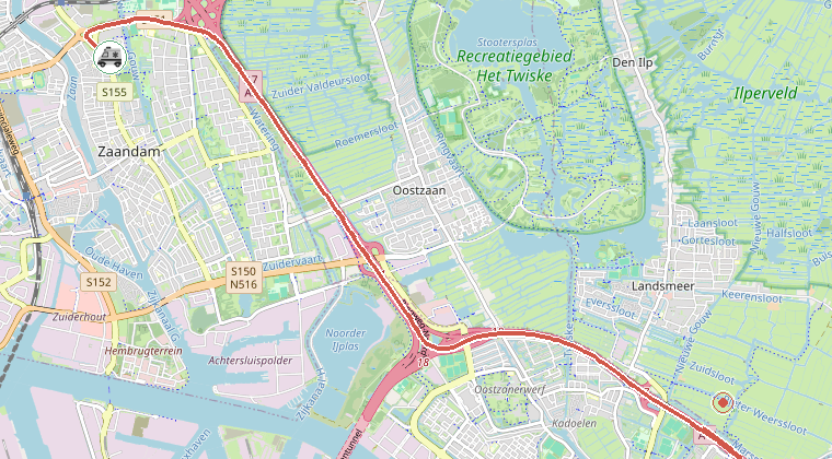 Kaart van de omgeving van de melding, met de kazerne die is gealarmeerd