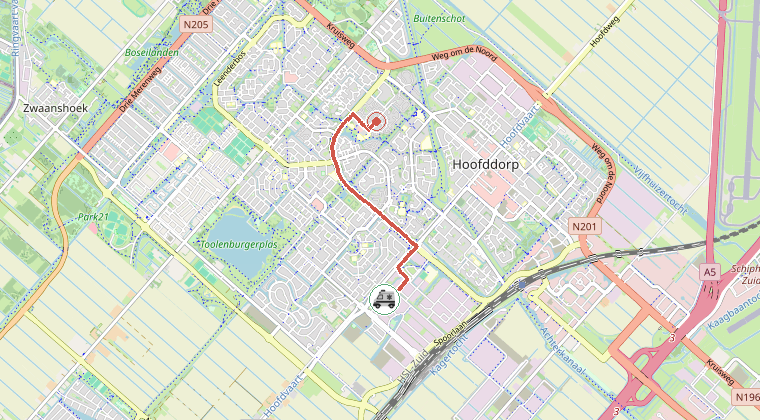 Kaart van de omgeving van de melding, met de kazerne die is gealarmeerd