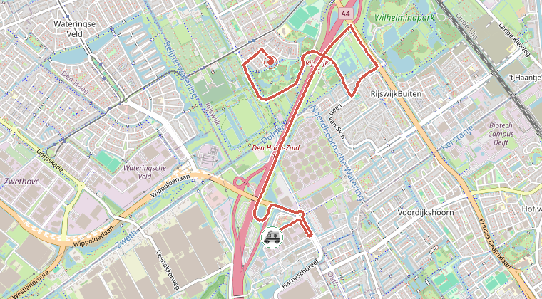 Kaart van de omgeving van de melding, met de kazerne die is gealarmeerd