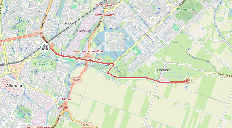 Kaart van de omgeving van de melding, met de kazerne die is gealarmeerd