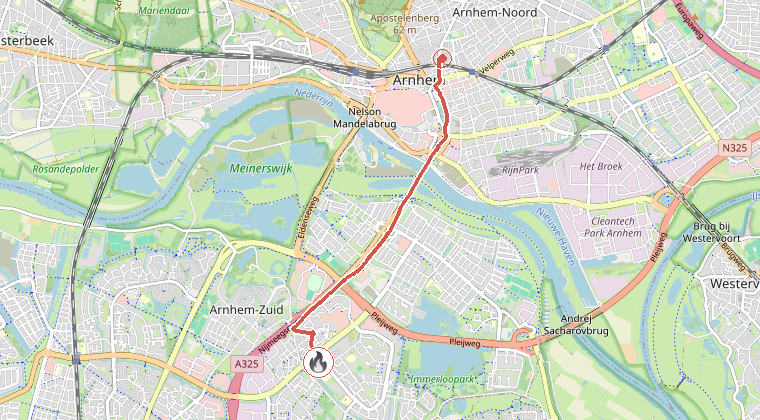 Kaart van de omgeving van de melding, met de kazerne die is gealarmeerd