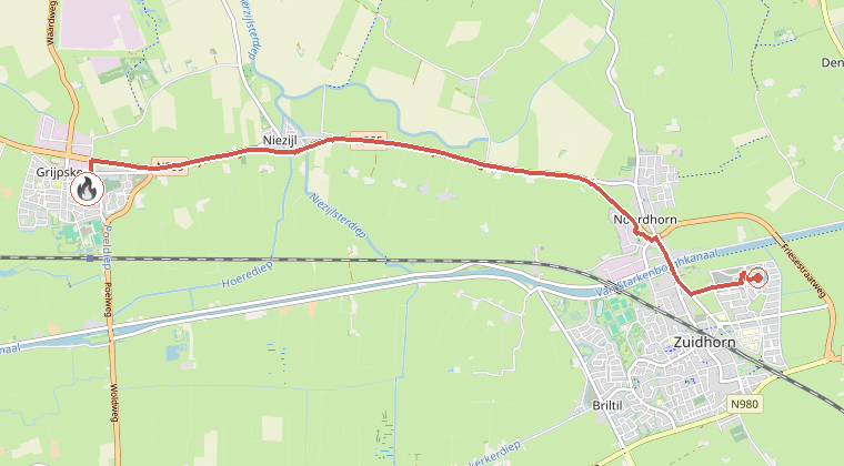 Kaart van de omgeving van de melding, met de kazerne die is gealarmeerd