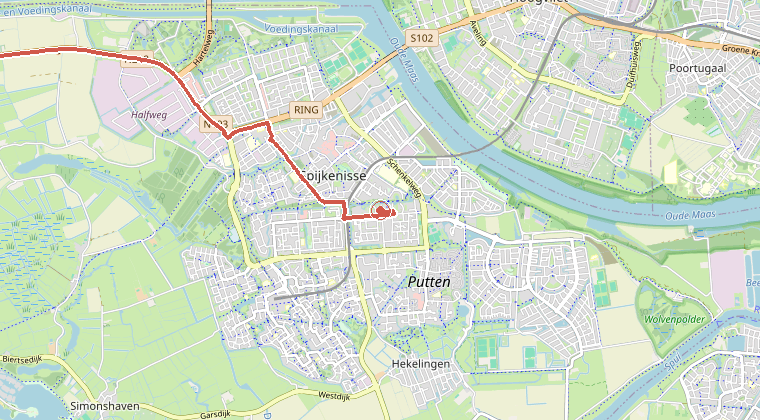 Kaart van de omgeving van de melding, met de kazerne die is gealarmeerd