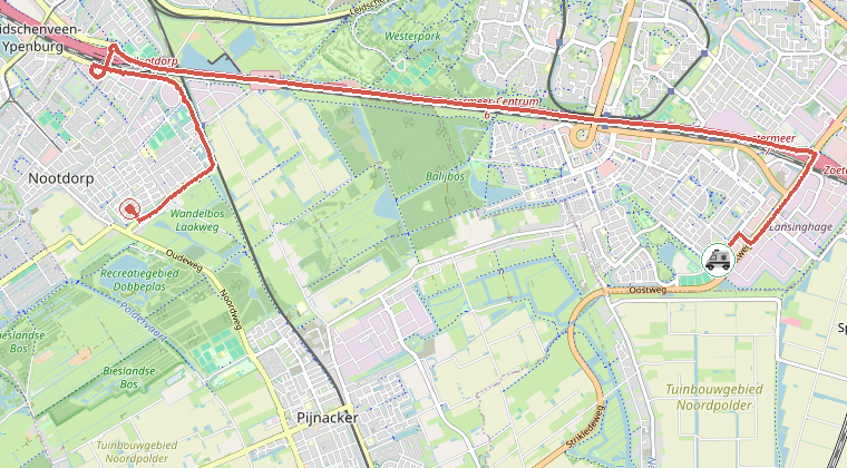 Kaart van de omgeving van de melding, met de kazerne die is gealarmeerd