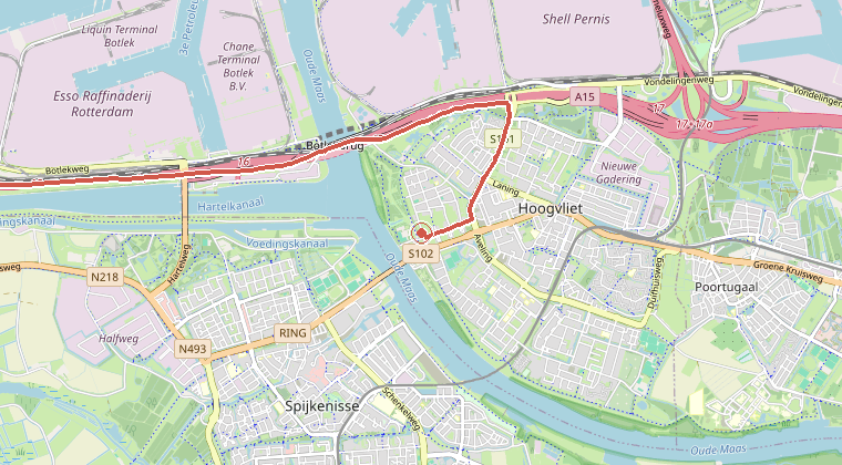 Kaart van de omgeving van de melding, met de kazerne die is gealarmeerd
