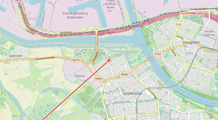 Kaart van de omgeving van de melding, met de kazerne die is gealarmeerd