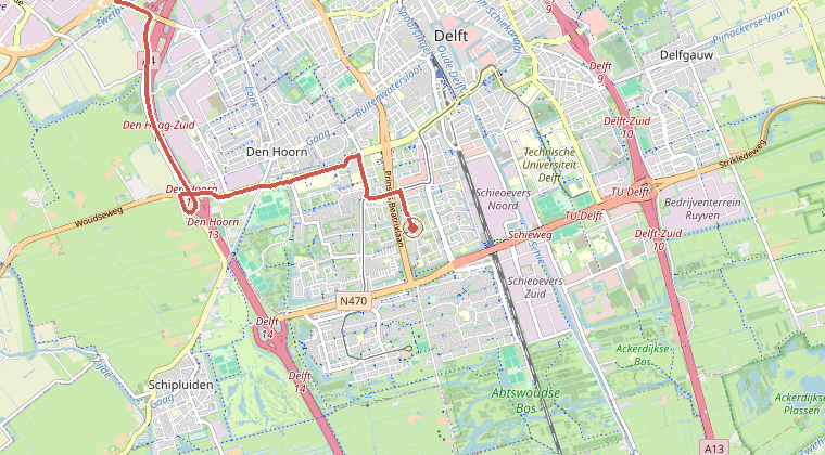 Kaart van de omgeving van de melding, met de kazerne die is gealarmeerd