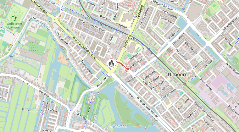 Kaart van de omgeving van de melding, met de kazerne die is gealarmeerd