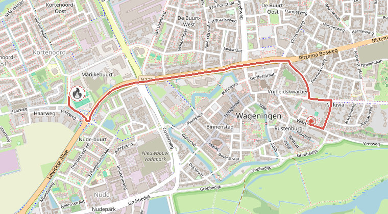Kaart van de omgeving van de melding, met de kazerne die is gealarmeerd