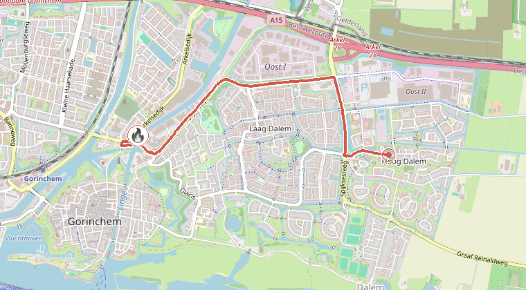Kaart van de omgeving van de melding, met de kazerne die is gealarmeerd