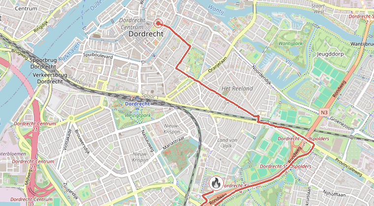 Kaart van de omgeving van de melding, met de kazerne die is gealarmeerd