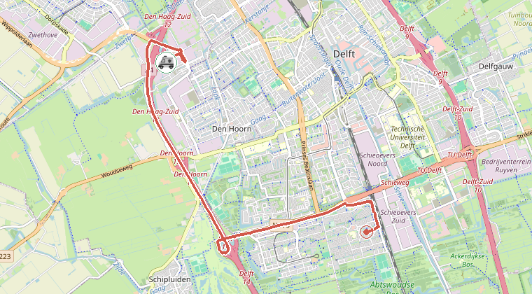 Kaart van de omgeving van de melding, met de kazerne die is gealarmeerd