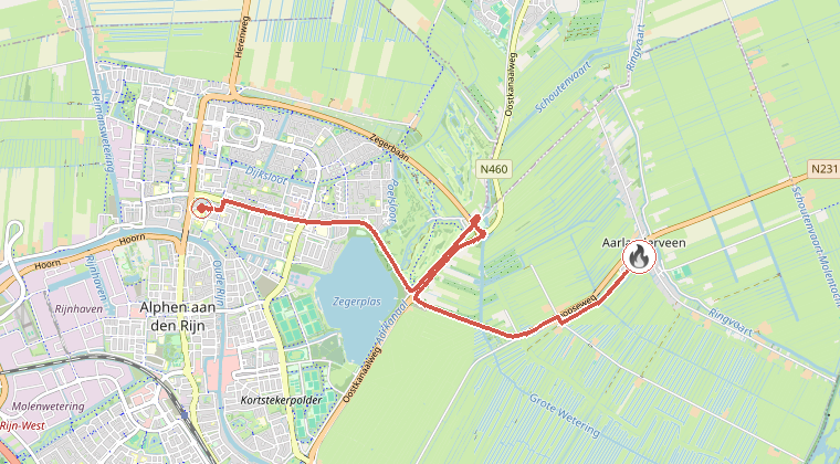 Kaart van de omgeving van de melding, met de kazerne die is gealarmeerd