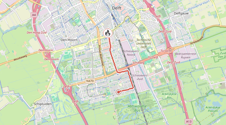 Kaart van de omgeving van de melding, met de kazerne die is gealarmeerd