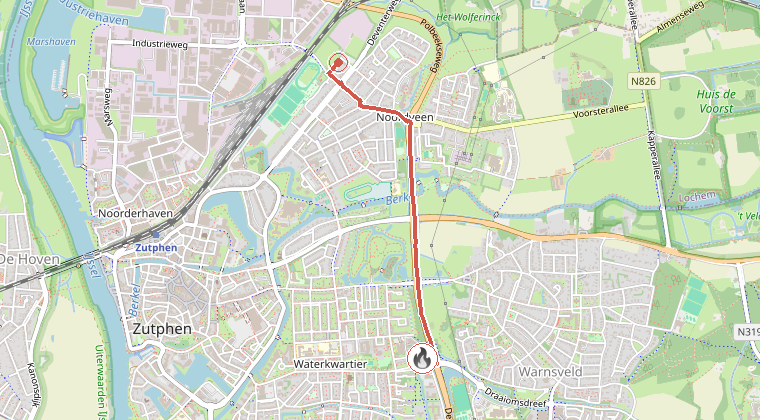 Kaart van de omgeving van de melding, met de kazerne die is gealarmeerd