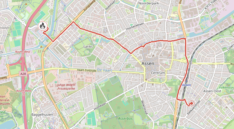 Kaart van de omgeving van de melding, met de kazerne die is gealarmeerd