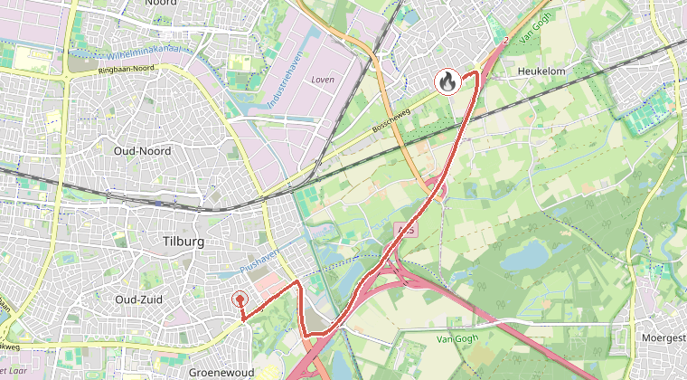 Kaart van de omgeving van de melding, met de kazerne die is gealarmeerd